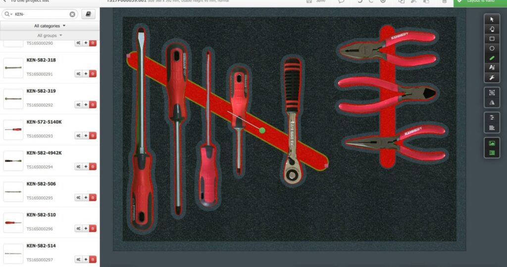 Final CAD design with tools laid out showing where they will go in final toolbox